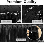 Close up view of the twenty-three micron thick metallic black fringe material showing premium drape and sheen.