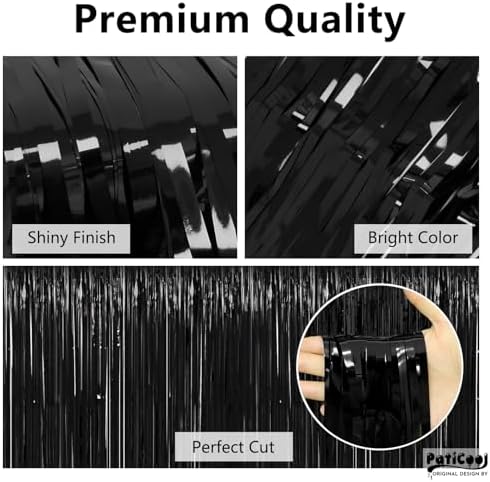 Close up view of the twenty-three micron thick metallic black fringe material showing premium drape and sheen.