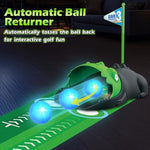 Close up of dinosaur automatic golf ball returner for kids.