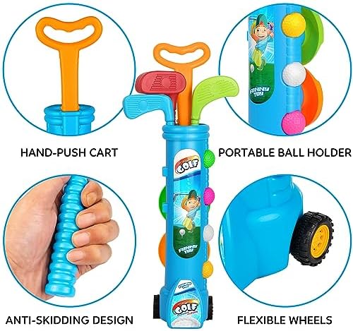 Toddler playing with Liberry plastic golf set in a garden
