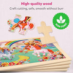 Demonstration of removable paper illustration guide under the wooden frame for easy kids assembly.
