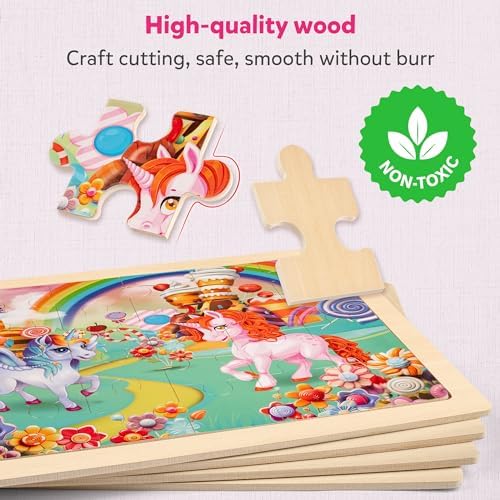 Demonstration of removable paper illustration guide under the wooden frame for easy kids assembly.