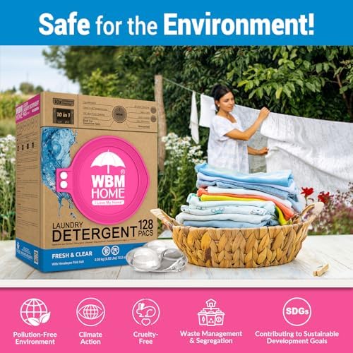 WBM unscented washing machine pods displaying the sensitive skin and color protection features.