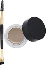 Professional eyebrow grooming kit with dual brush tool and taupe cream pomade
