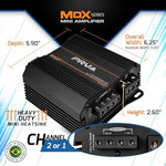 PRV Audio micro power amplifier top view showcasing sleek black finish and official brand branding.