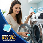 Individually wrapped deep cleaning washer descaler tablets placed next to a front loading washing machine.
