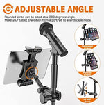 Close-up perspective of the non-slip protective corner pads on the Jubor mic stand bracket holding a smartphone.