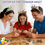 Close-up of the durable stainless steel wire rings and smooth beech wood block puzzles for teens.
