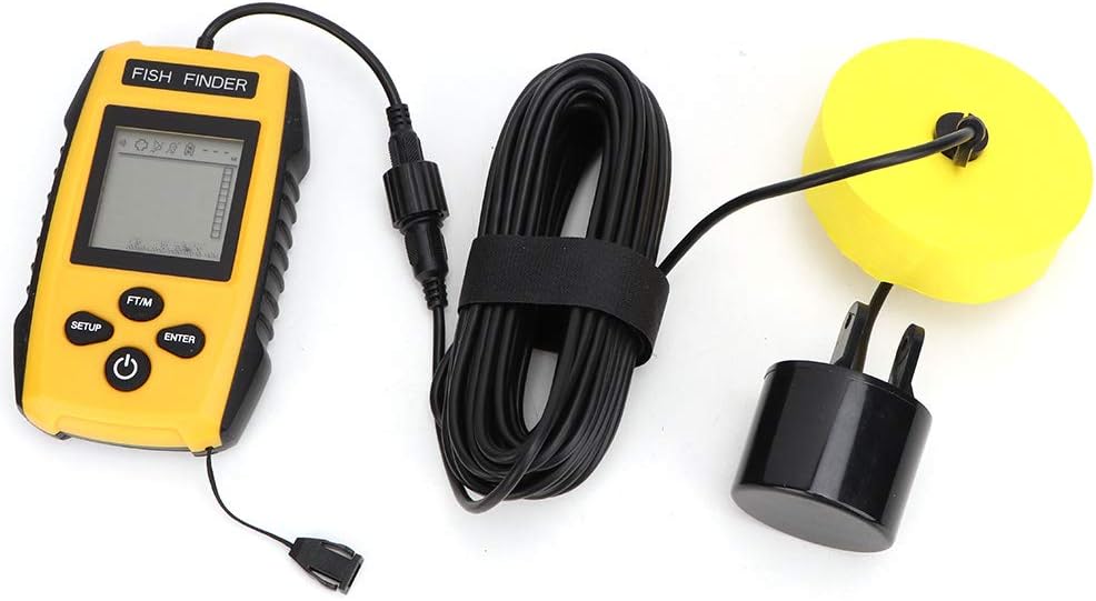 Handheld sonar depth finder displaying screen metrics