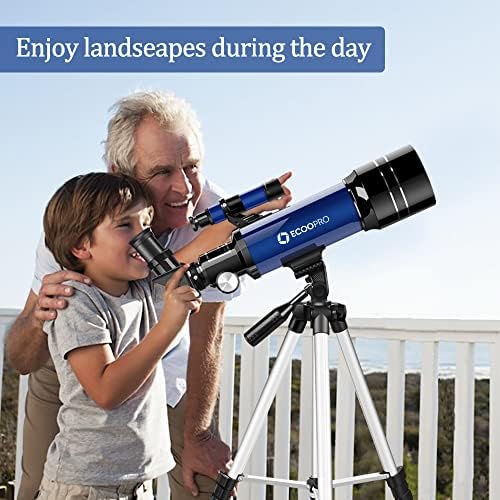 ECOOPRO astronomical telescope being used outdoors by a family for daytime terrestrial viewing.