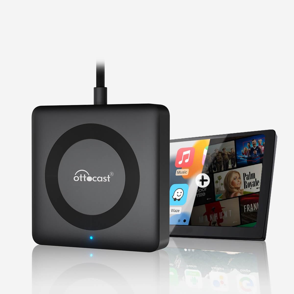 OTTOCAST Car TV Mate Pro front view showing the compact black square adapter layout