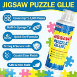 Clear puzzle sealer liquid being spread smoothly over a wooden puzzle surface with a plastic squeegee tool