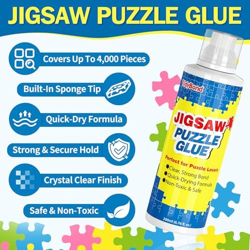 Clear puzzle sealer liquid being spread smoothly over a wooden puzzle surface with a plastic squeegee tool