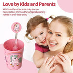 Unicorn themed kids toothbrush with matching rinsing cup and protective hygiene cover.