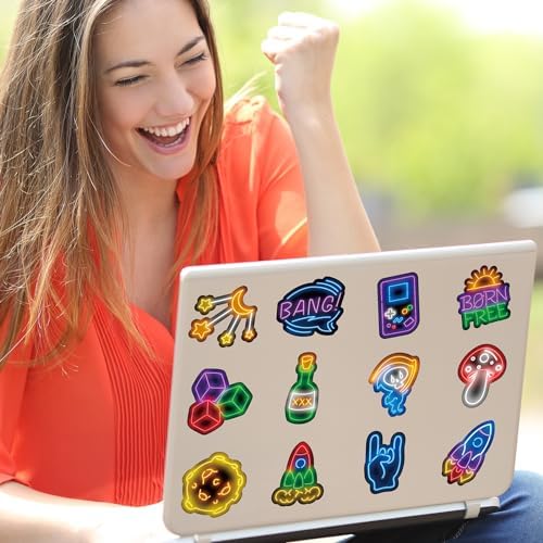 Assorted vibrant neon vinyl stickers for laptop customization