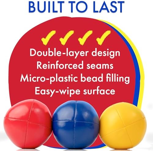 No bounce microbead filled juggling balls placed next to the instructional learning guide