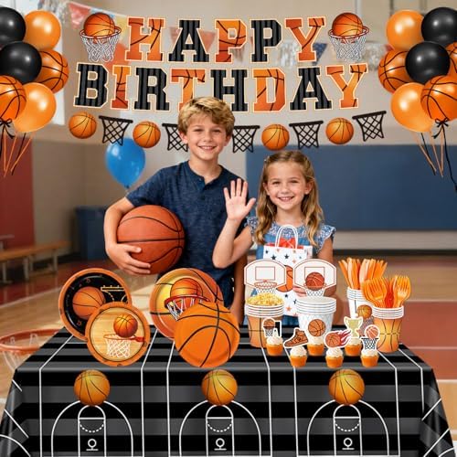 Basketball birthday banner and table decor setup