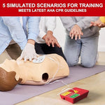 Lightweight red AED simulator showing voice prompt buttons