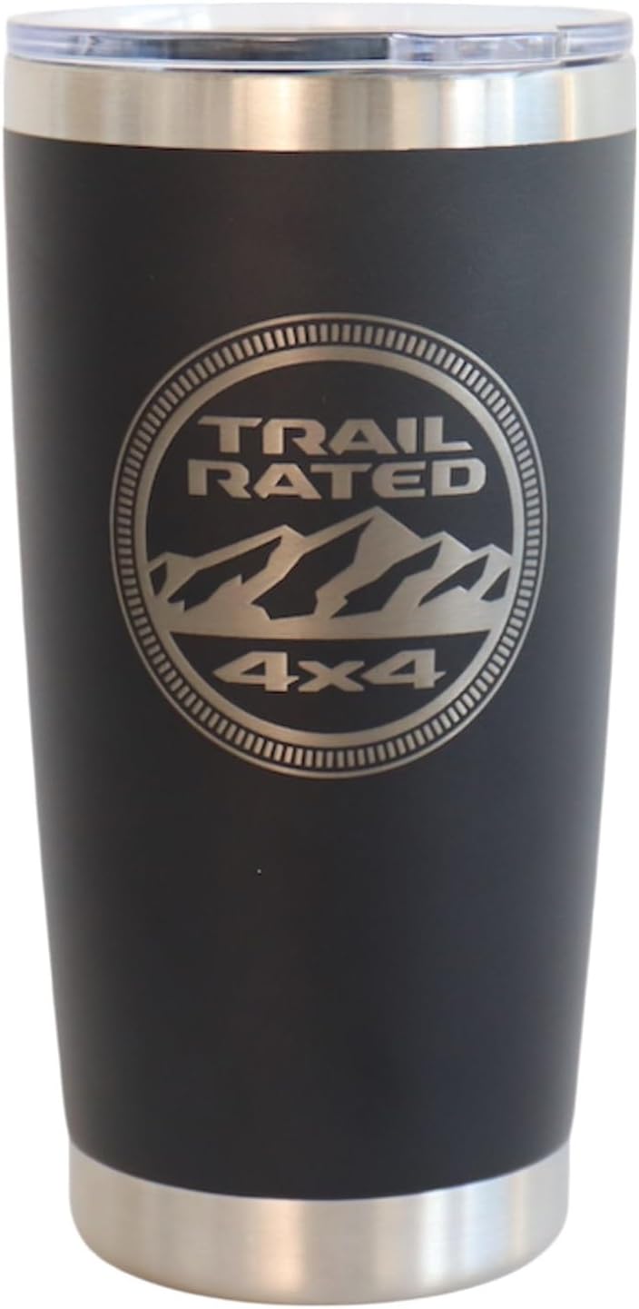 Jeep Gladiator insulated coffee tumbler showing Trail Rated laser-etched logo
