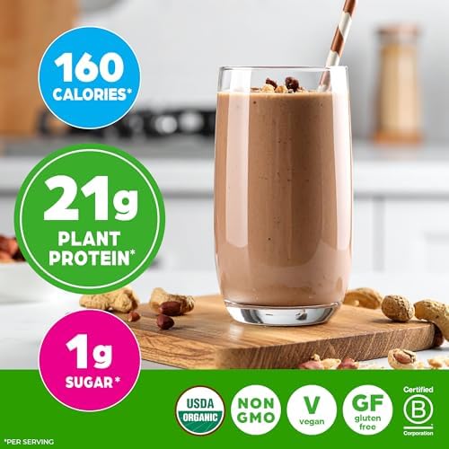 Orgain chocolate peanut butter protein tub with healthy smoothie bowl