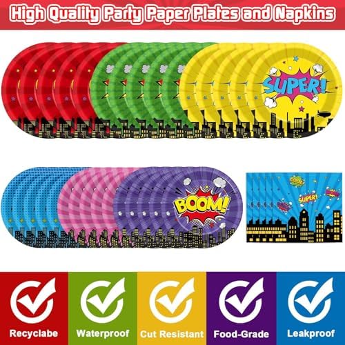 Superhero themed party napkins with action sign designs