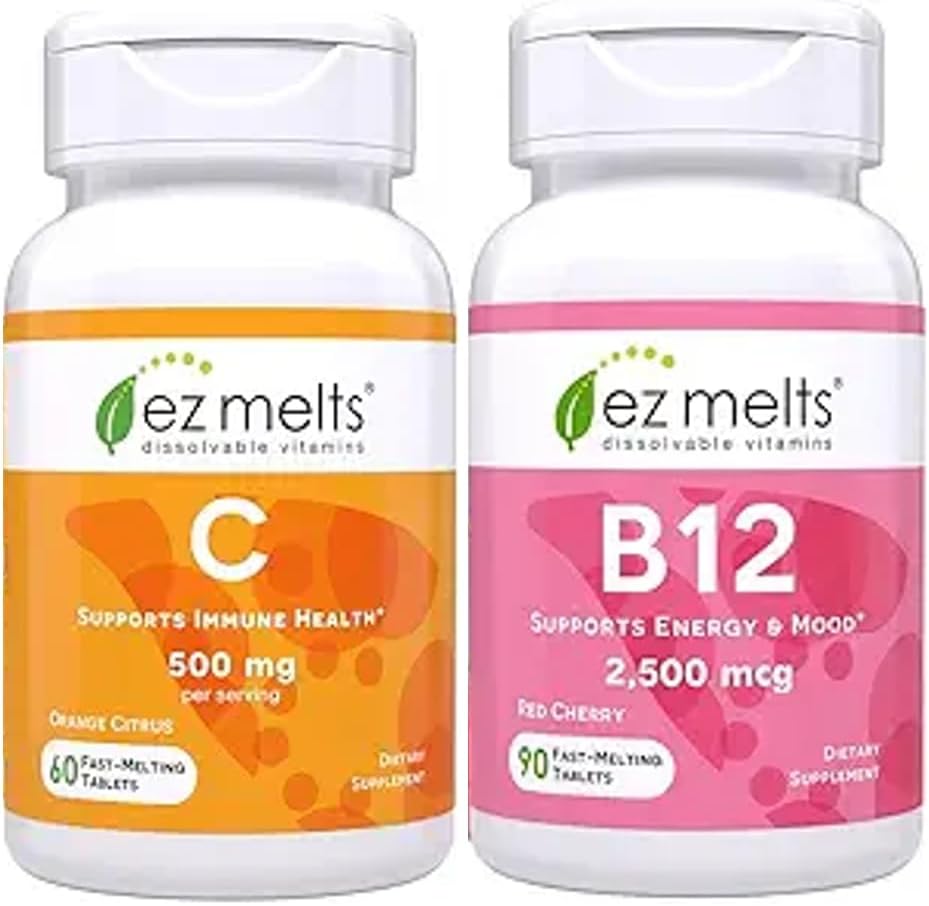 EZ Melts Vitamin C and B12 sublingual bundle bottles front view for energy and immunity.