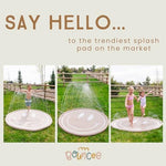 Bouncee inflatable kids water play mat connected to a green garden hose with fountain sprays active
