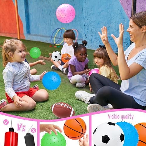 Six piece kid soft inflatable balls scattered in an outdoor backyard play area.