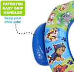 Cushioned toddler toilet trainer seat with patented easy grip safety handles.