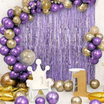 Close up of the shimmering glossy finish on the purple party tinsel curtains
