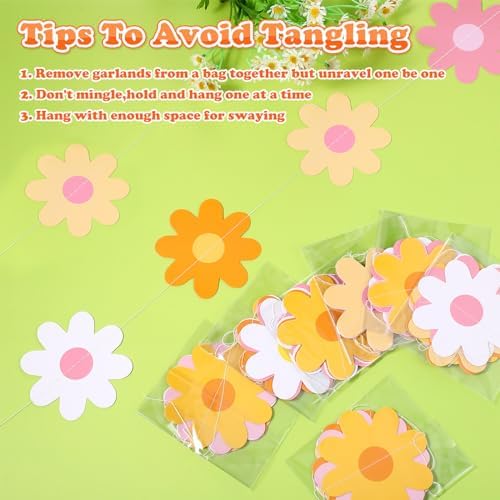 Pasimy retro daisy hanging garlands decorated beautifully across a living room doorway for a birthday.