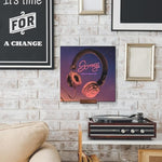 Minimalist vinyl gallery wall using imported floating wooden shelves