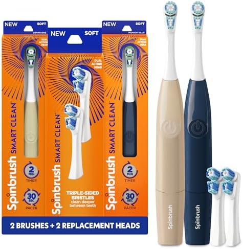 Spinbrush Smart Clean Value Pack adult electric toothbrush front view showing two handles and two replacement heads.