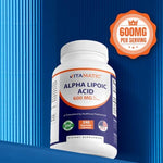 Side view of Vitamatic Alpha Lipoic Acid bottle highlighting non-GMO and gluten free logos