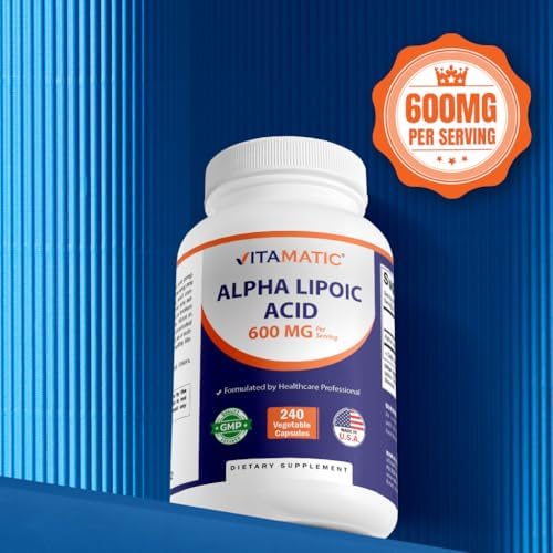 Side view of Vitamatic Alpha Lipoic Acid bottle highlighting non-GMO and gluten free logos