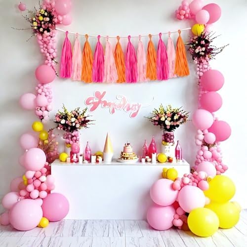 Aimto rose red and orange hanging tassels used as a decorative backdrop for bridal showers