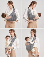 Breathable cotton infant sling holder demonstrating the ergonomic hip positioning for a newborn baby.