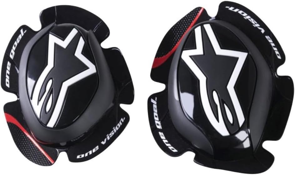 Alpinestars GP Pro Knee Sliders in black showing the front surface profile and brand logo for premium motorcycle track safety gear.