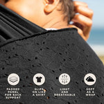 Ergonomic back support design of the black eyelet wrap carrier