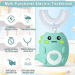 Green dinosaur automatic toothbrush with four replacement brush heads.