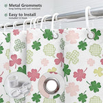 High-definition digital print quality illustration of the pink and green lucky shamrock graphics on the holiday bath curtain.