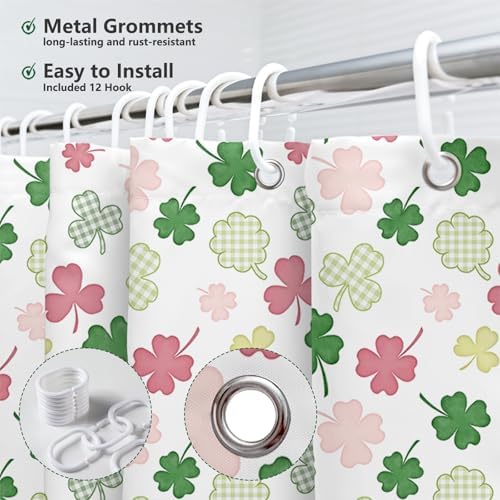 High-definition digital print quality illustration of the pink and green lucky shamrock graphics on the holiday bath curtain.