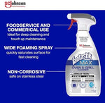 Non corrosive oven cleaner safe for aluminum and glass cooktop surfaces.