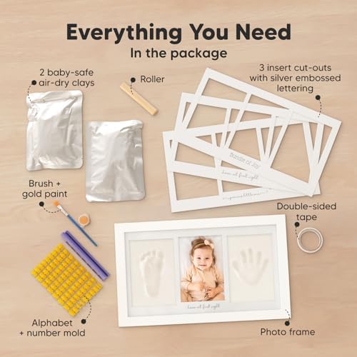 KeaBabies newborn keepsake frame kit with safe air dry clay and personalization tools laid out.