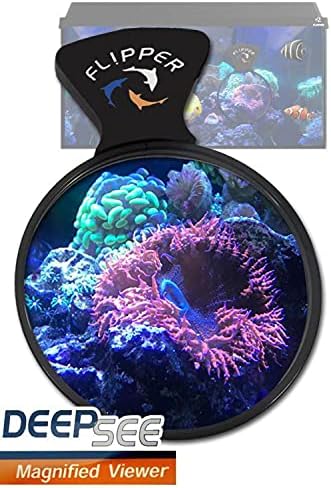 FL!PPER DeepSee marine viewer magnifying vibrant coral reef details inside a saltwater aquarium.