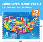 Children sitting on the living room floor solving the colorful geography map jigsaw.