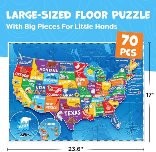 Children sitting on the living room floor solving the colorful geography map jigsaw.