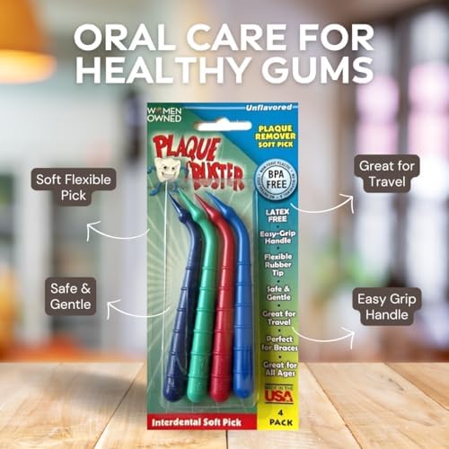 Plaque Buster (4 Count) Soft Interdental Pick, Gum Stimulator & Plaque Remover, Made in USA, for Oral Health and Healthy Gums, Multi-Colored - Image 3