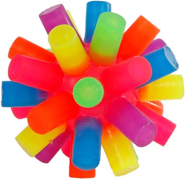 Van Manen Pogo Bouncy Ball 7.8 cm light up sensory toy front view showing multi colored spiky design.