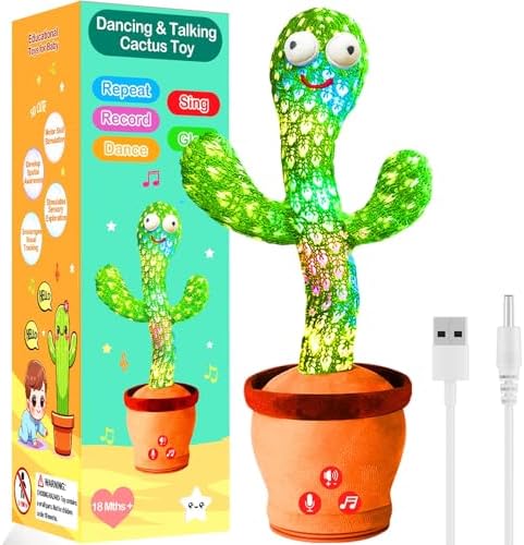 Interactive singing plush cactus toy with LED lights